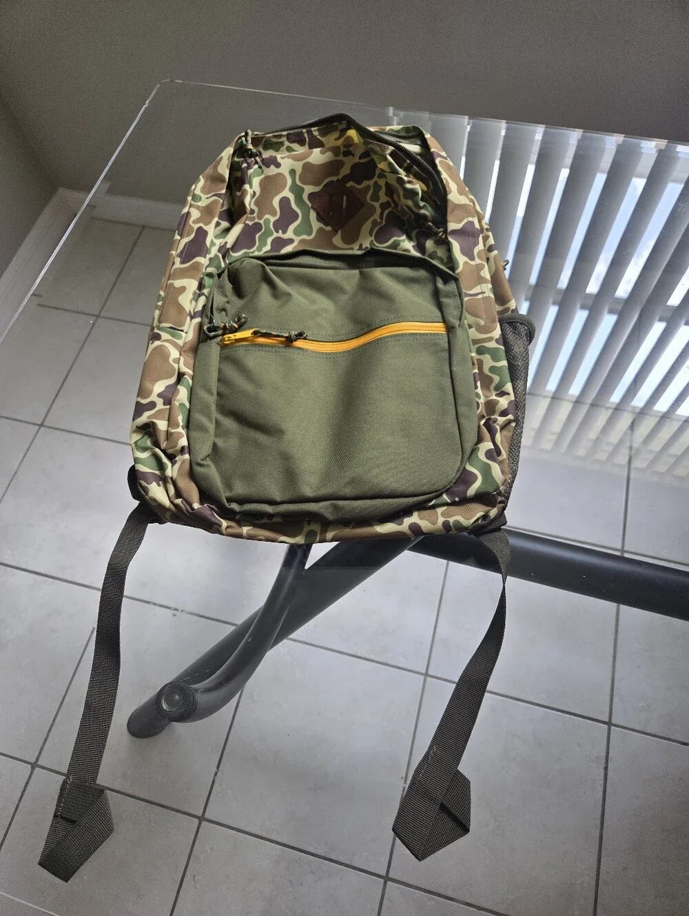 MAD Engine Camouflage Backpack with Olive Front and Yellow Zipper